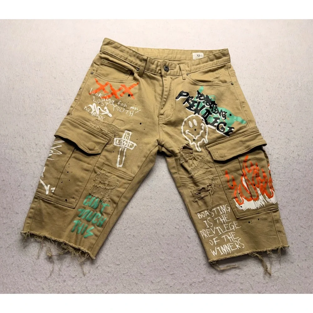 Smoke Rise DNM CO Mens Graffiti Distressed Cargo Shorts Tan Khaki Size 32 SR91